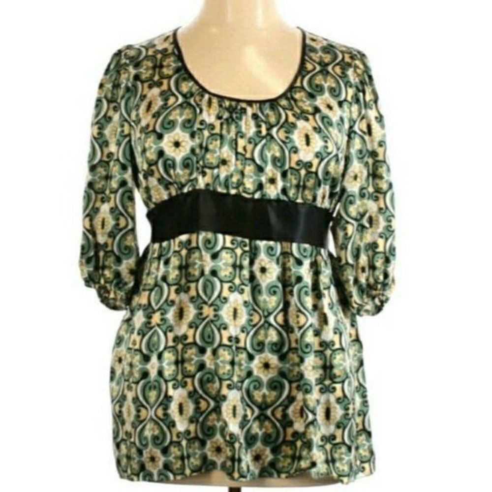 Studio M Silk Blouse Scoop Neck Puff Sleeve Tie Waist Regal Scroll Ikat Green